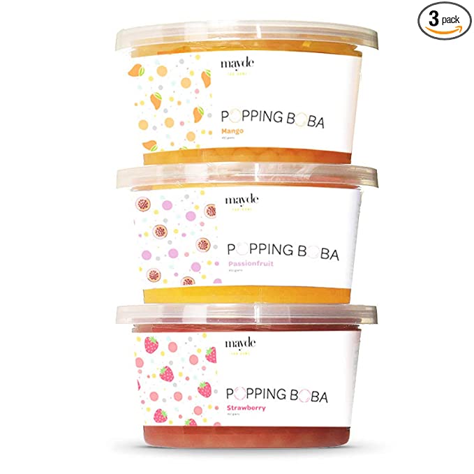 Mayde Bursting Popping Boba Pearls, Strawberry, Mango, Passion Fruit - 3 Flavor Party Kit (490 gms, 3-pack)